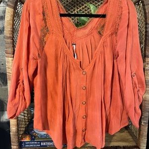 NWOT Free People | Orange button up lace oversized blouse size m